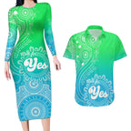 australia-walk-for-yes-couples-matching-long-sleeve-bodycon-dress-and-hawaiian-shirt-indigenous-voice-2023-aboriginal-green-vibe