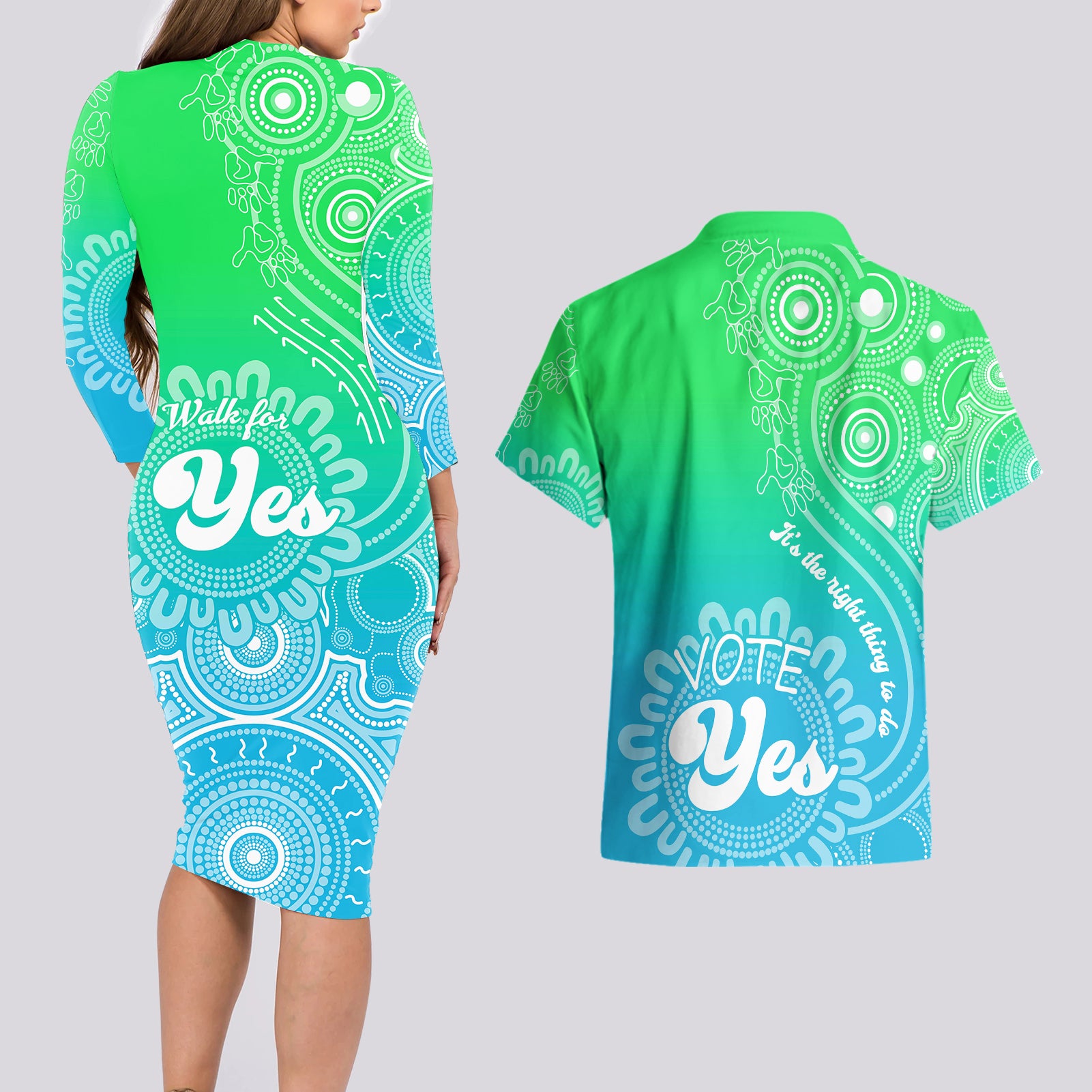 australia-walk-for-yes-couples-matching-long-sleeve-bodycon-dress-and-hawaiian-shirt-indigenous-voice-2023-aboriginal-green-vibe