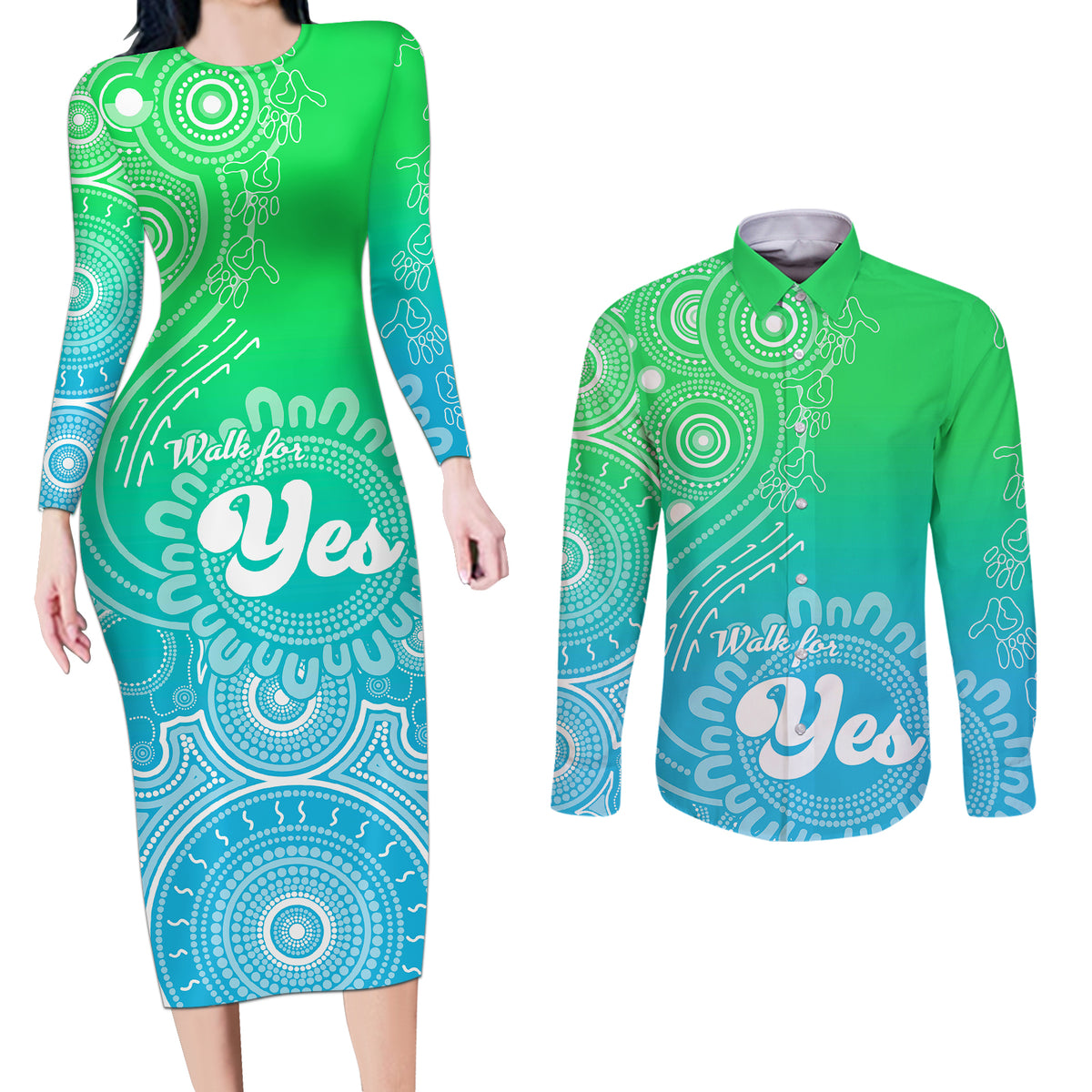 australia-walk-for-yes-couples-matching-long-sleeve-bodycon-dress-and-long-sleeve-button-shirts-indigenous-voice-2023-aboriginal-green-vibe