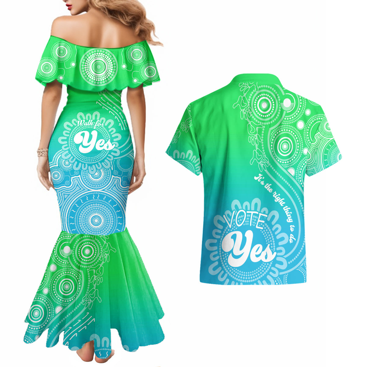 australia-walk-for-yes-couples-matching-mermaid-dress-and-hawaiian-shirt-indigenous-voice-2023-aboriginal-green-vibe