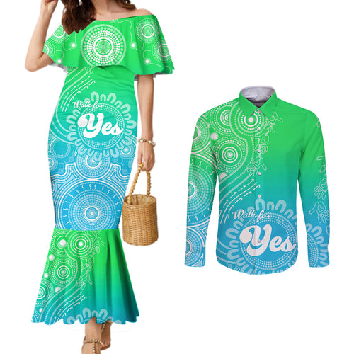australia-walk-for-yes-couples-matching-mermaid-dress-and-long-sleeve-button-shirts-indigenous-voice-2023-aboriginal-green-vibe