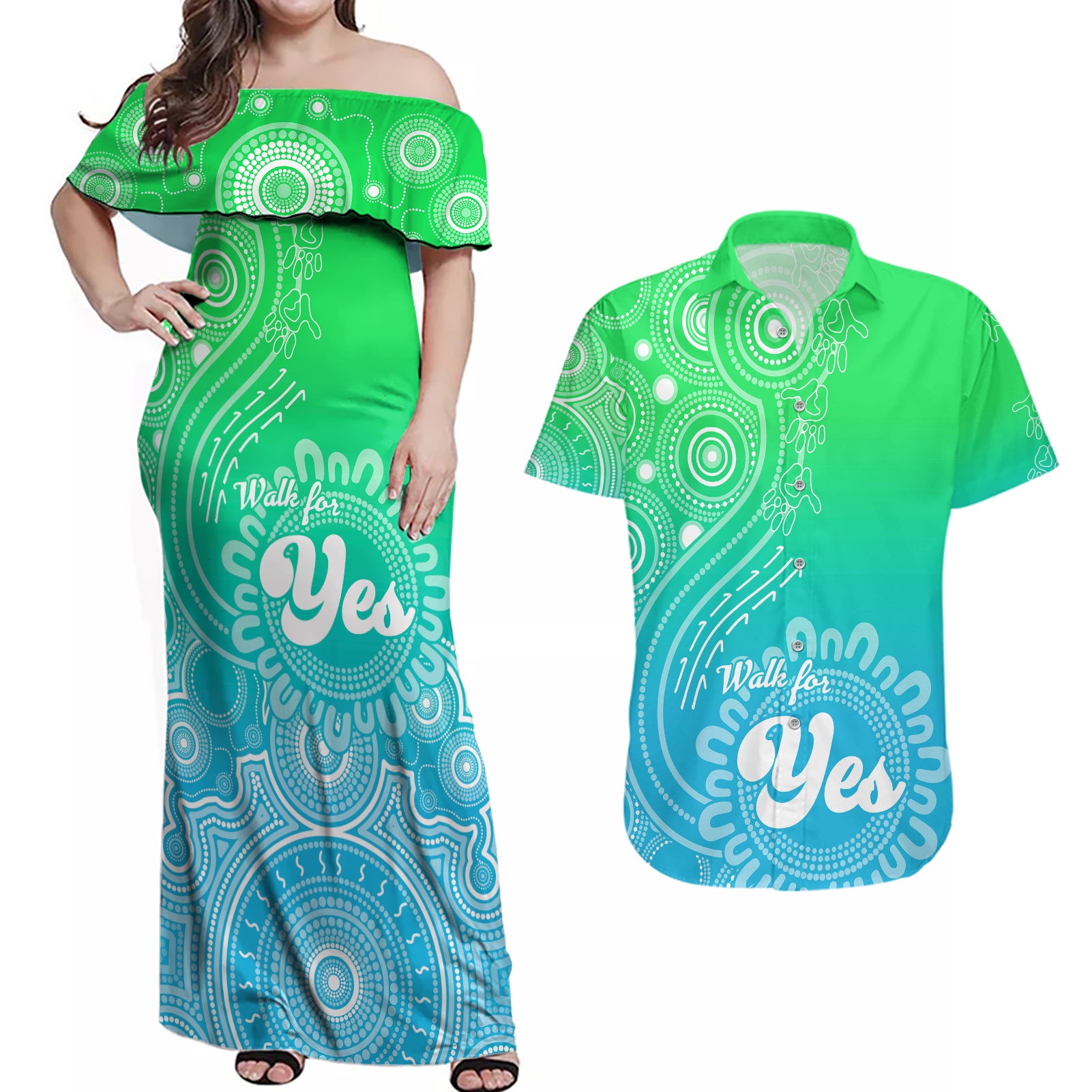 australia-walk-for-yes-couples-matching-off-shoulder-maxi-dress-and-hawaiian-shirt-indigenous-voice-2023-aboriginal-green-vibe