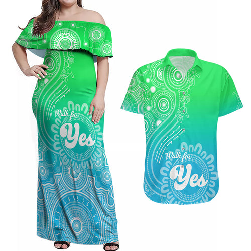 australia-walk-for-yes-couples-matching-off-shoulder-maxi-dress-and-hawaiian-shirt-indigenous-voice-2023-aboriginal-green-vibe