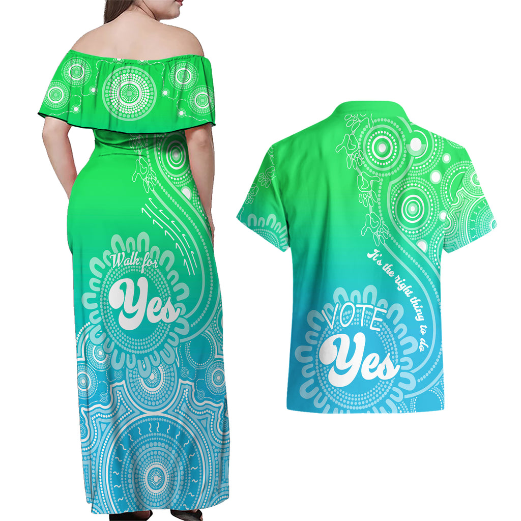 australia-walk-for-yes-couples-matching-off-shoulder-maxi-dress-and-hawaiian-shirt-indigenous-voice-2023-aboriginal-green-vibe