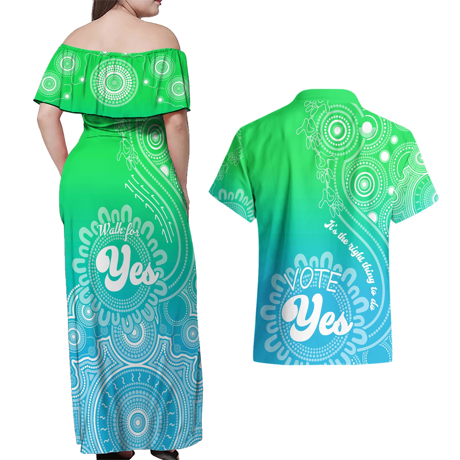 australia-walk-for-yes-couples-matching-off-shoulder-maxi-dress-and-hawaiian-shirt-indigenous-voice-2023-aboriginal-green-vibe