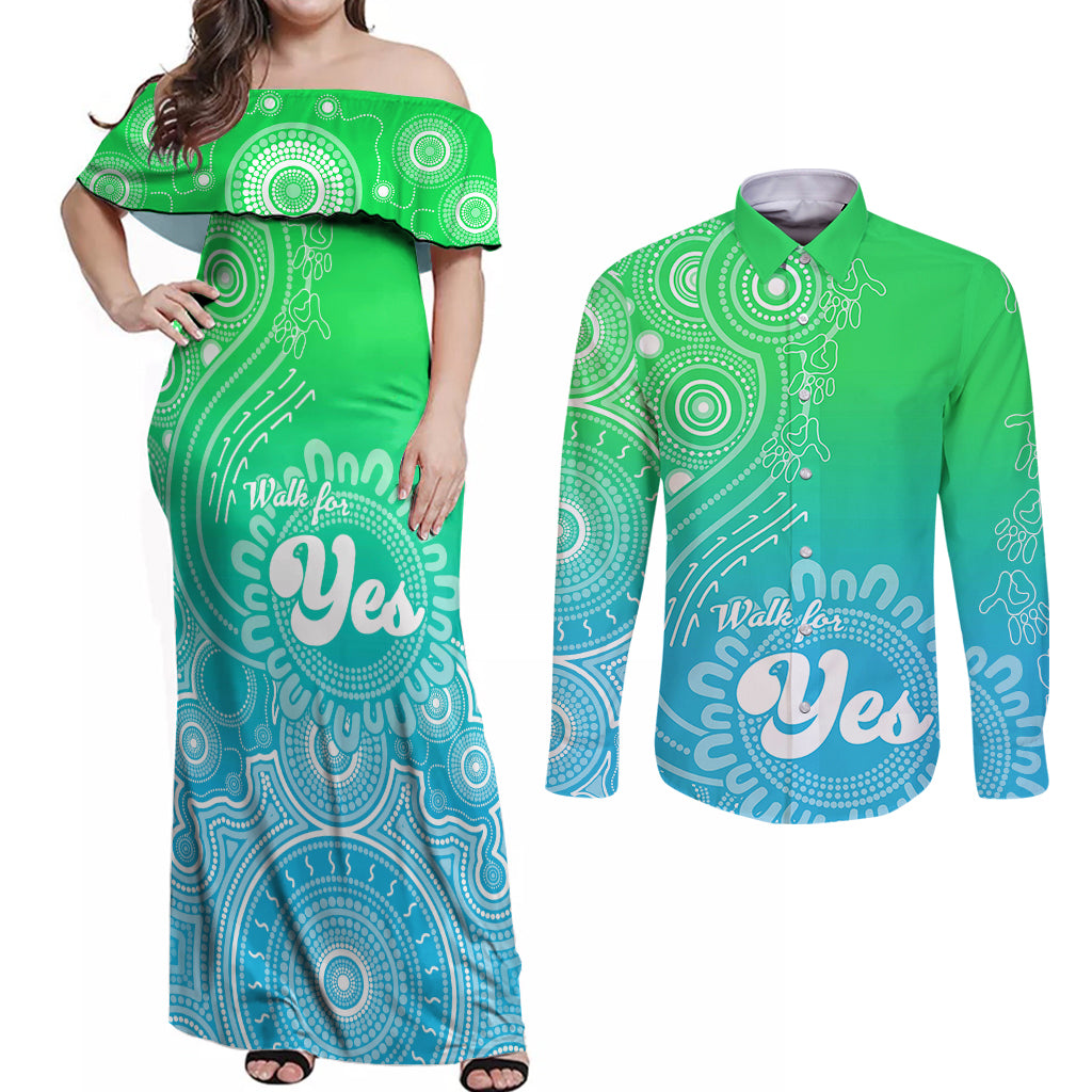 australia-walk-for-yes-couples-matching-off-shoulder-maxi-dress-and-long-sleeve-button-shirts-indigenous-voice-2023-aboriginal-green-vibe