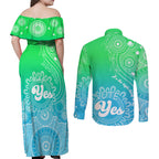 australia-walk-for-yes-couples-matching-off-shoulder-maxi-dress-and-long-sleeve-button-shirts-indigenous-voice-2023-aboriginal-green-vibe