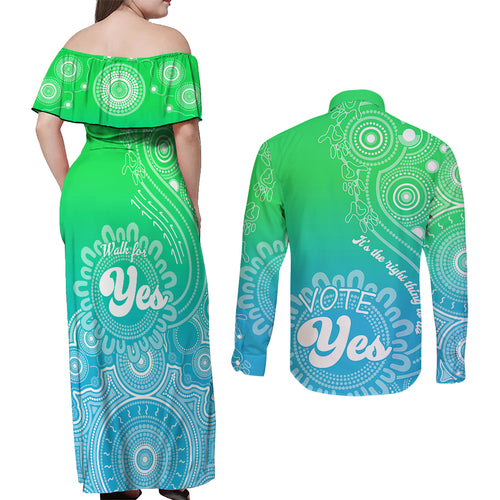 australia-walk-for-yes-couples-matching-off-shoulder-maxi-dress-and-long-sleeve-button-shirts-indigenous-voice-2023-aboriginal-green-vibe