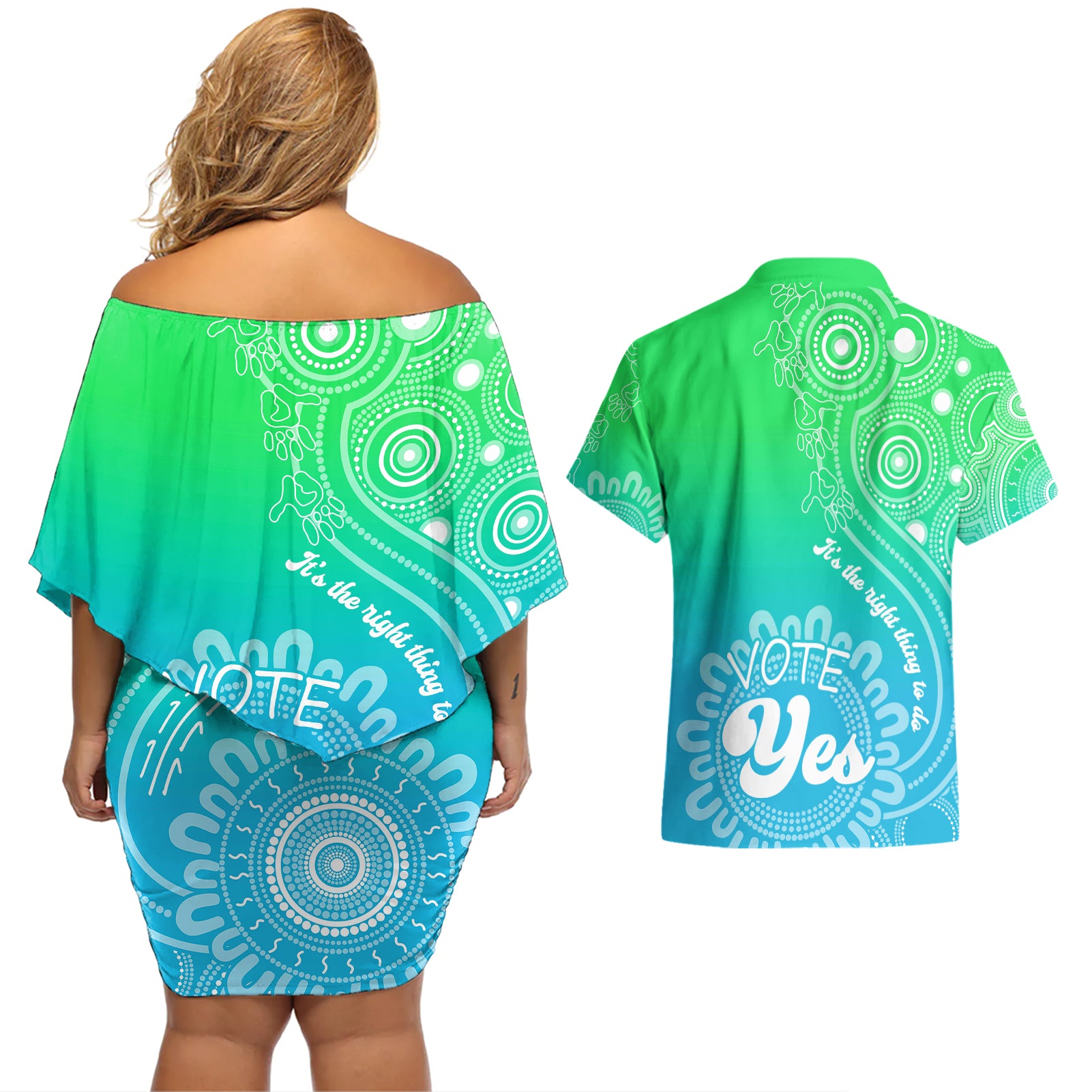 australia-walk-for-yes-couples-matching-off-shoulder-short-dress-and-hawaiian-shirt-indigenous-voice-2023-aboriginal-green-vibe