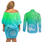 australia-walk-for-yes-couples-matching-off-shoulder-short-dress-and-long-sleeve-button-shirts-indigenous-voice-2023-aboriginal-green-vibe