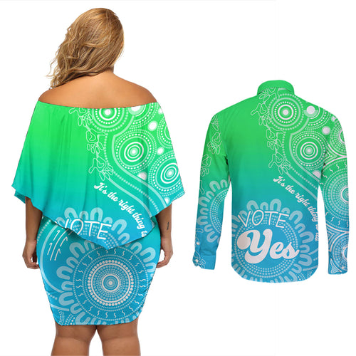 australia-walk-for-yes-couples-matching-off-shoulder-short-dress-and-long-sleeve-button-shirts-indigenous-voice-2023-aboriginal-green-vibe