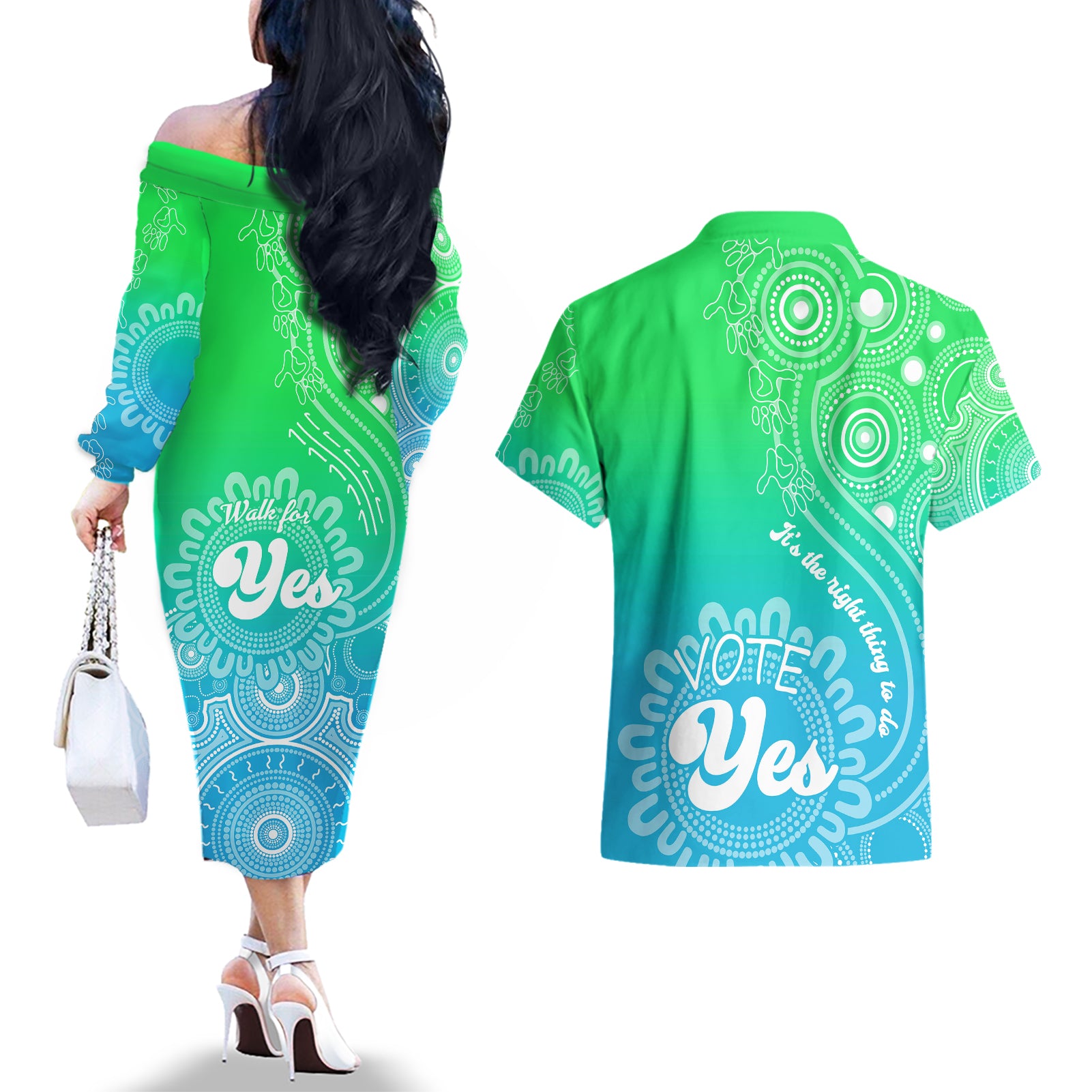 australia-walk-for-yes-couples-matching-off-the-shoulder-long-sleeve-dress-and-hawaiian-shirt-indigenous-voice-2023-aboriginal-green-vibe