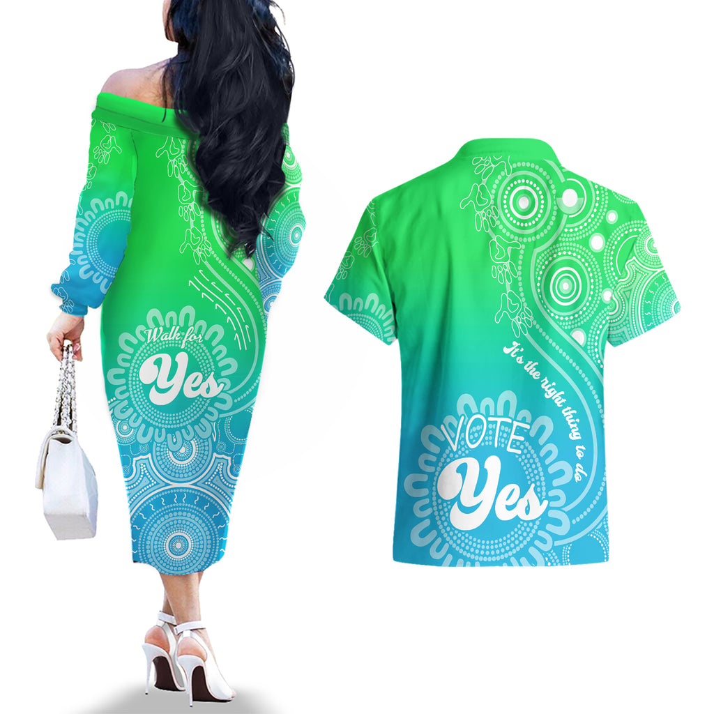 australia-walk-for-yes-couples-matching-off-the-shoulder-long-sleeve-dress-and-hawaiian-shirt-indigenous-voice-2023-aboriginal-green-vibe
