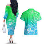 australia-walk-for-yes-couples-matching-off-the-shoulder-long-sleeve-dress-and-hawaiian-shirt-indigenous-voice-2023-aboriginal-green-vibe