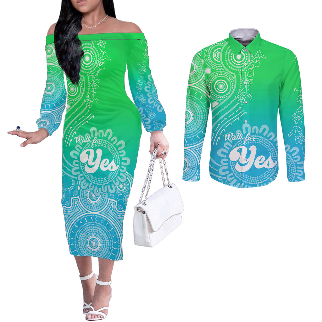 australia-walk-for-yes-couples-matching-off-the-shoulder-long-sleeve-dress-and-long-sleeve-button-shirts-indigenous-voice-2023-aboriginal-green-vibe