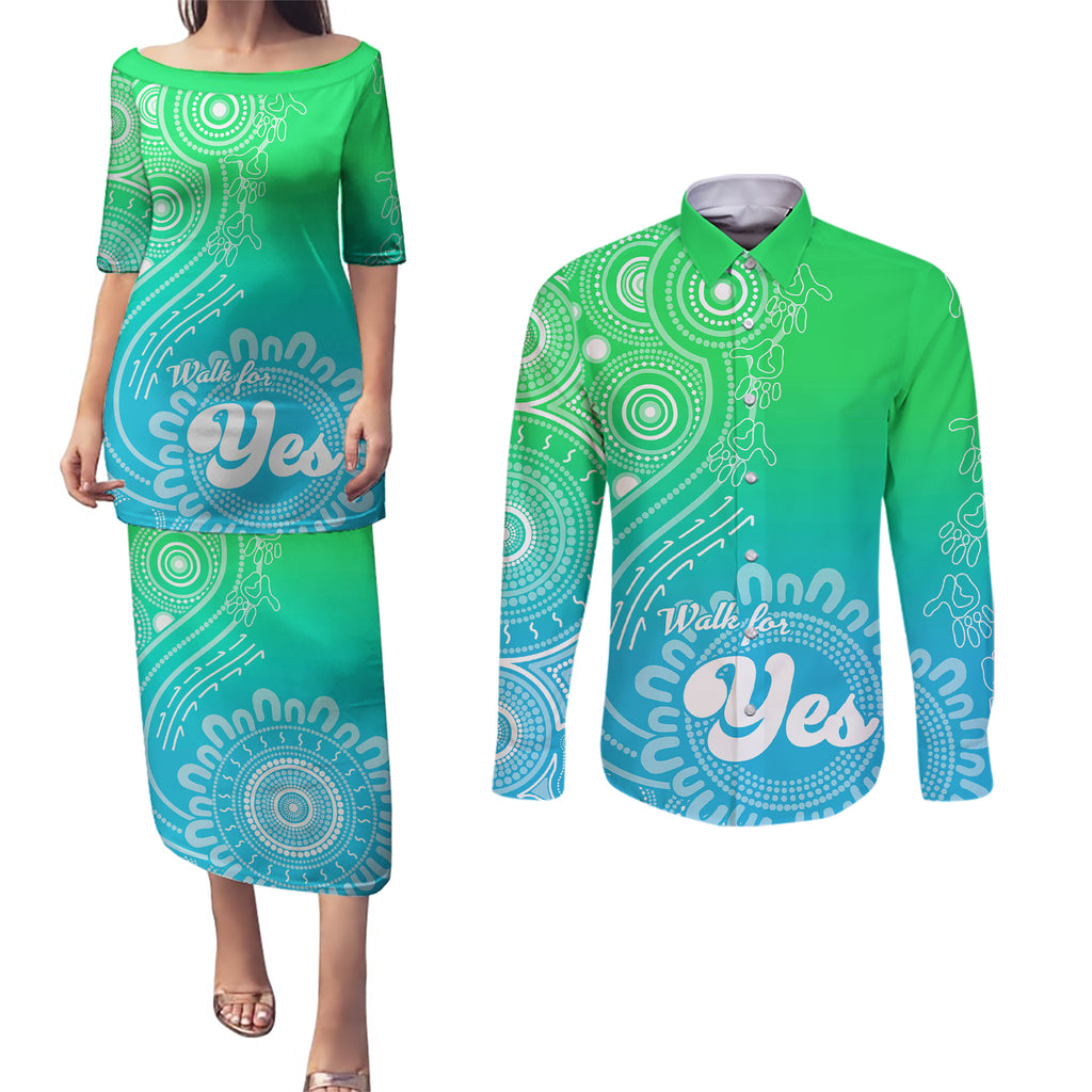 australia-walk-for-yes-couples-matching-puletasi-dress-and-long-sleeve-button-shirts-indigenous-voice-2023-aboriginal-green-vibe