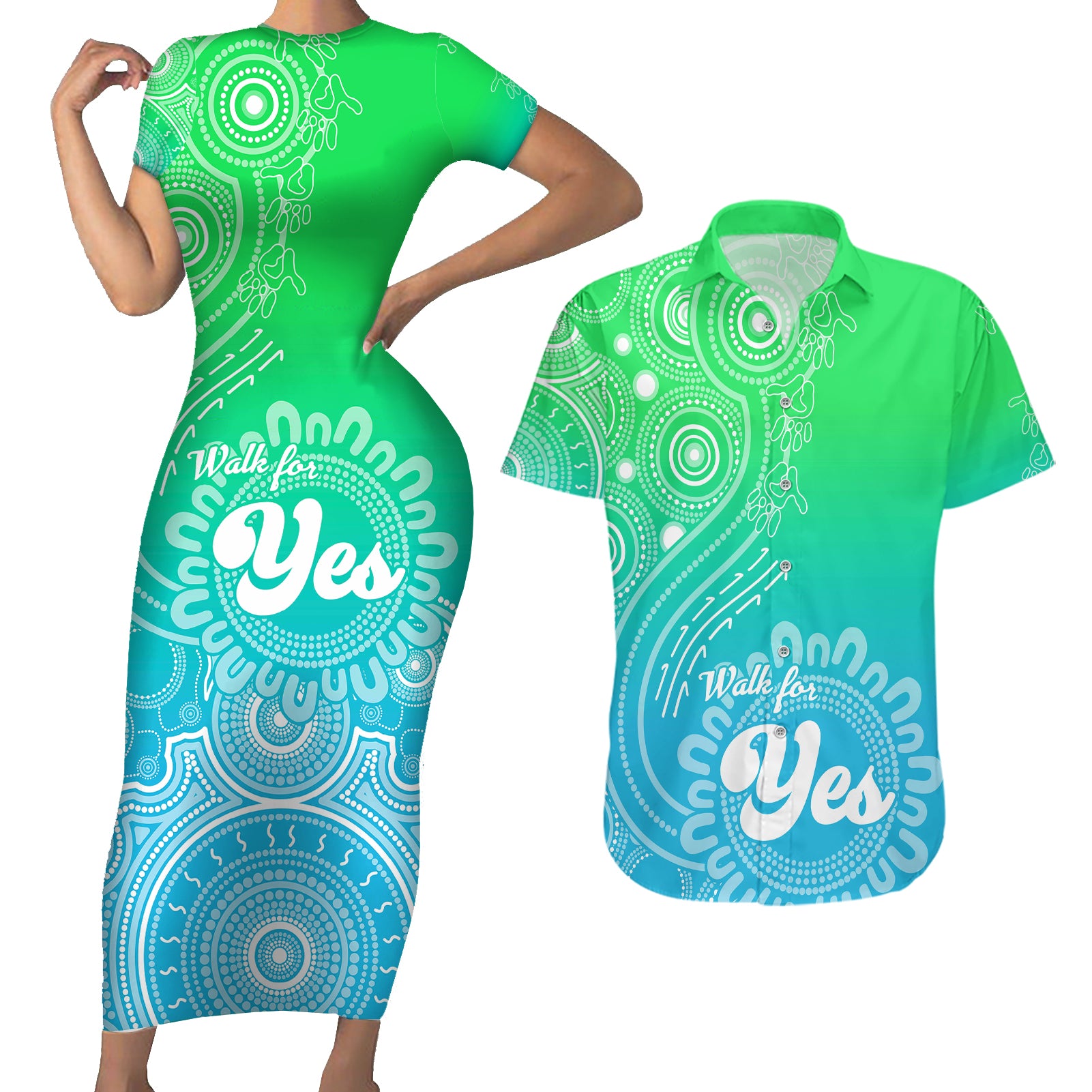 australia-walk-for-yes-couples-matching-short-sleeve-bodycon-dress-and-hawaiian-shirt-indigenous-voice-2023-aboriginal-green-vibe