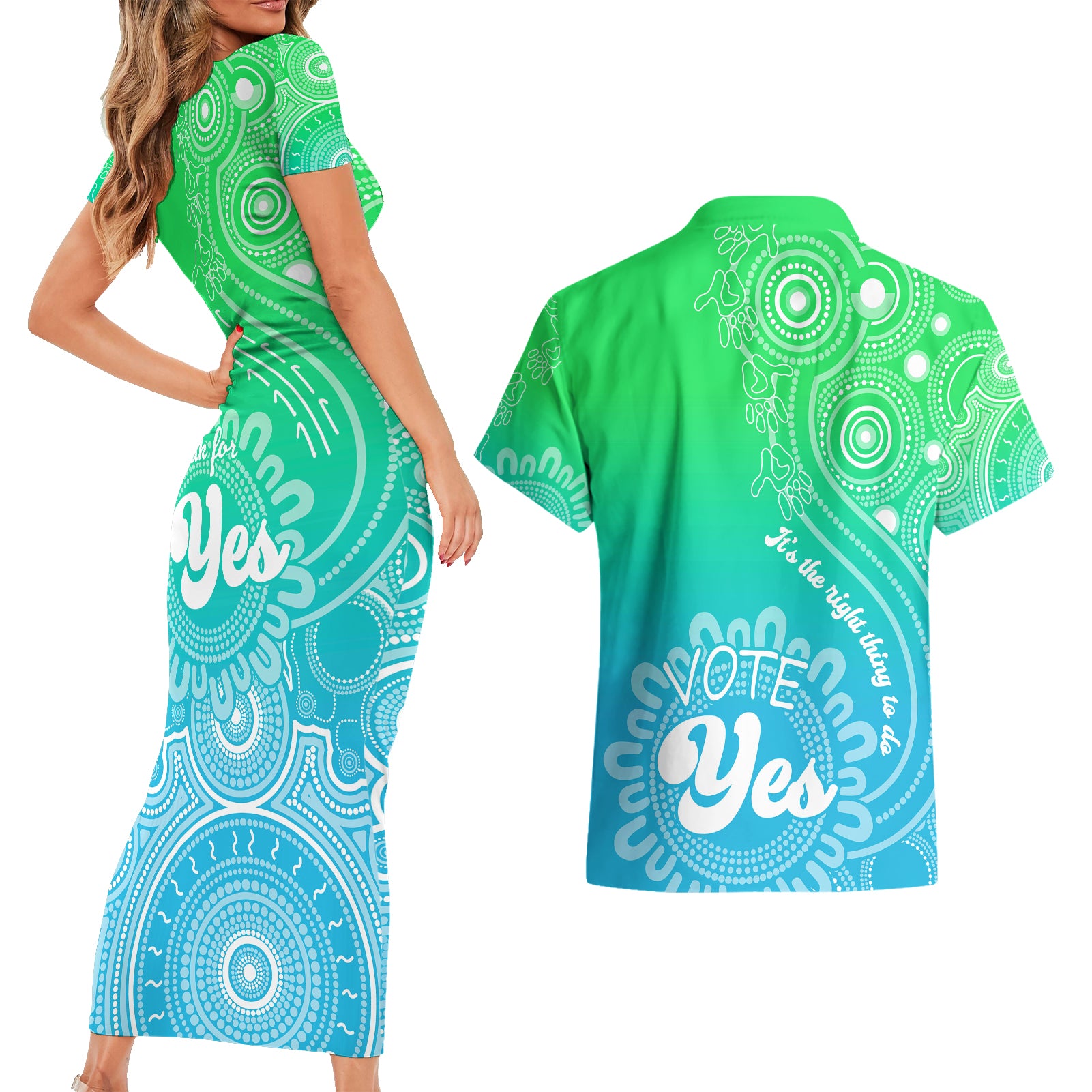 australia-walk-for-yes-couples-matching-short-sleeve-bodycon-dress-and-hawaiian-shirt-indigenous-voice-2023-aboriginal-green-vibe