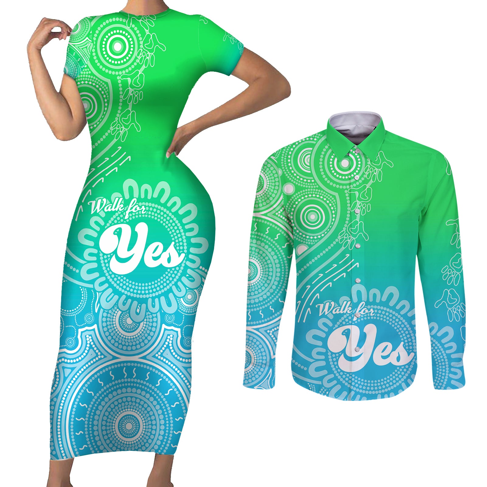 australia-walk-for-yes-couples-matching-short-sleeve-bodycon-dress-and-long-sleeve-button-shirts-indigenous-voice-2023-aboriginal-green-vibe