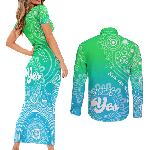 australia-walk-for-yes-couples-matching-short-sleeve-bodycon-dress-and-long-sleeve-button-shirts-indigenous-voice-2023-aboriginal-green-vibe