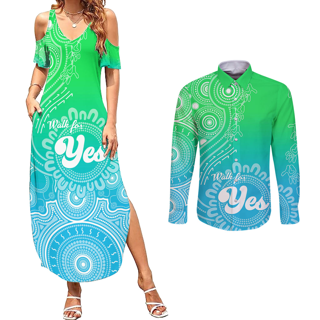 australia-walk-for-yes-couples-matching-summer-maxi-dress-and-long-sleeve-button-shirts-indigenous-voice-2023-aboriginal-green-vibe