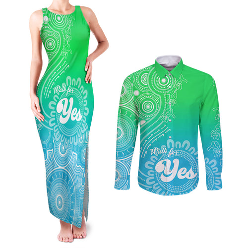 australia-walk-for-yes-couples-matching-tank-maxi-dress-and-long-sleeve-button-shirts-indigenous-voice-2023-aboriginal-green-vibe