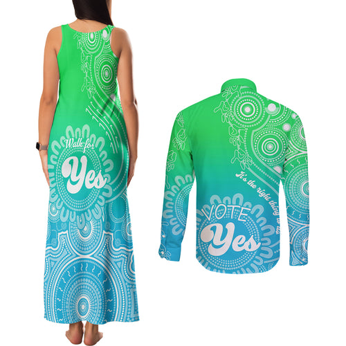 australia-walk-for-yes-couples-matching-tank-maxi-dress-and-long-sleeve-button-shirts-indigenous-voice-2023-aboriginal-green-vibe