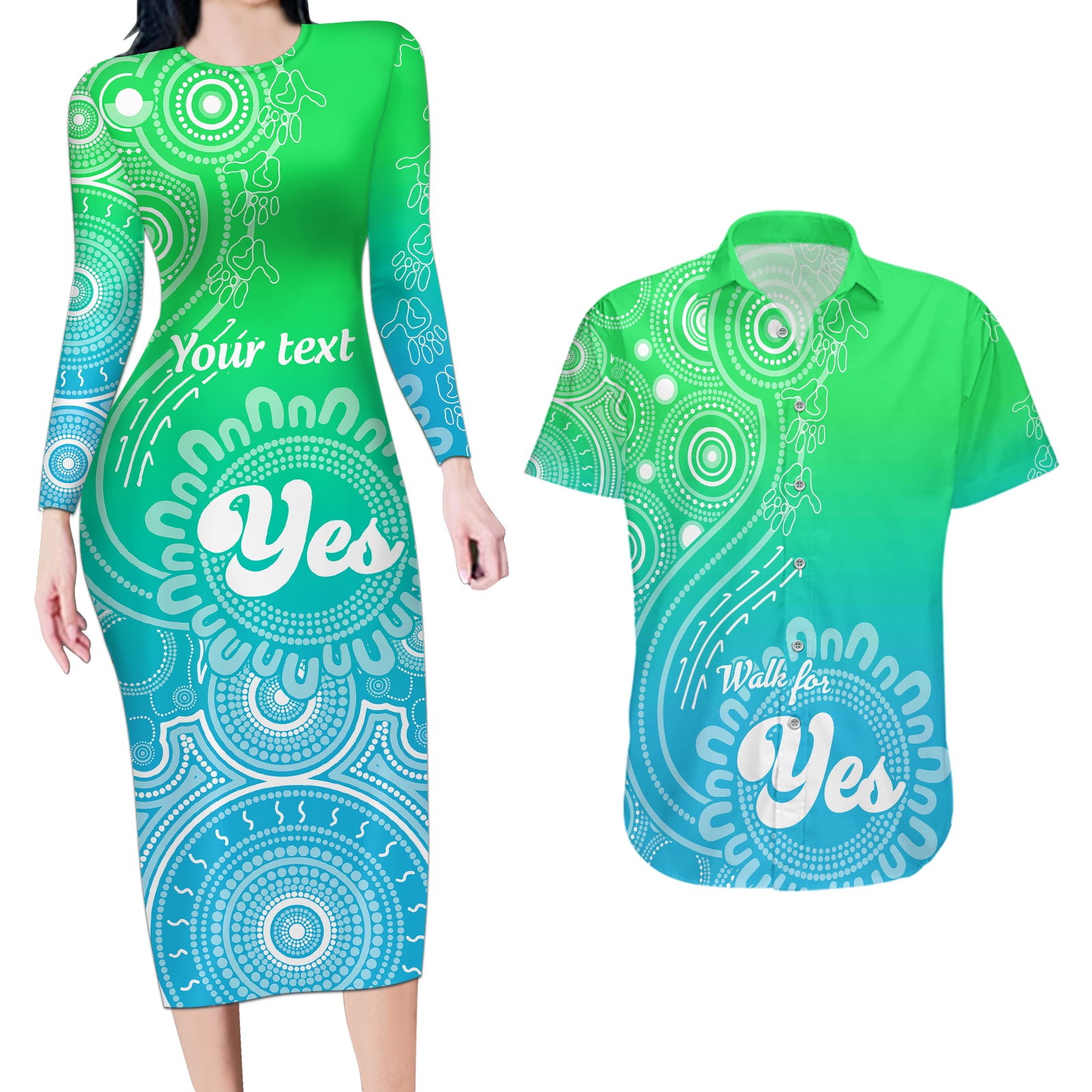 personalised-australia-walk-for-yes-couples-matching-long-sleeve-bodycon-dress-and-hawaiian-shirt-indigenous-voice-2023-aboriginal-green-vibe