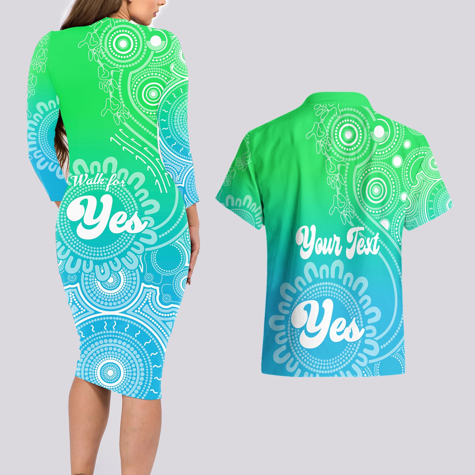 personalised-australia-walk-for-yes-couples-matching-long-sleeve-bodycon-dress-and-hawaiian-shirt-indigenous-voice-2023-aboriginal-green-vibe