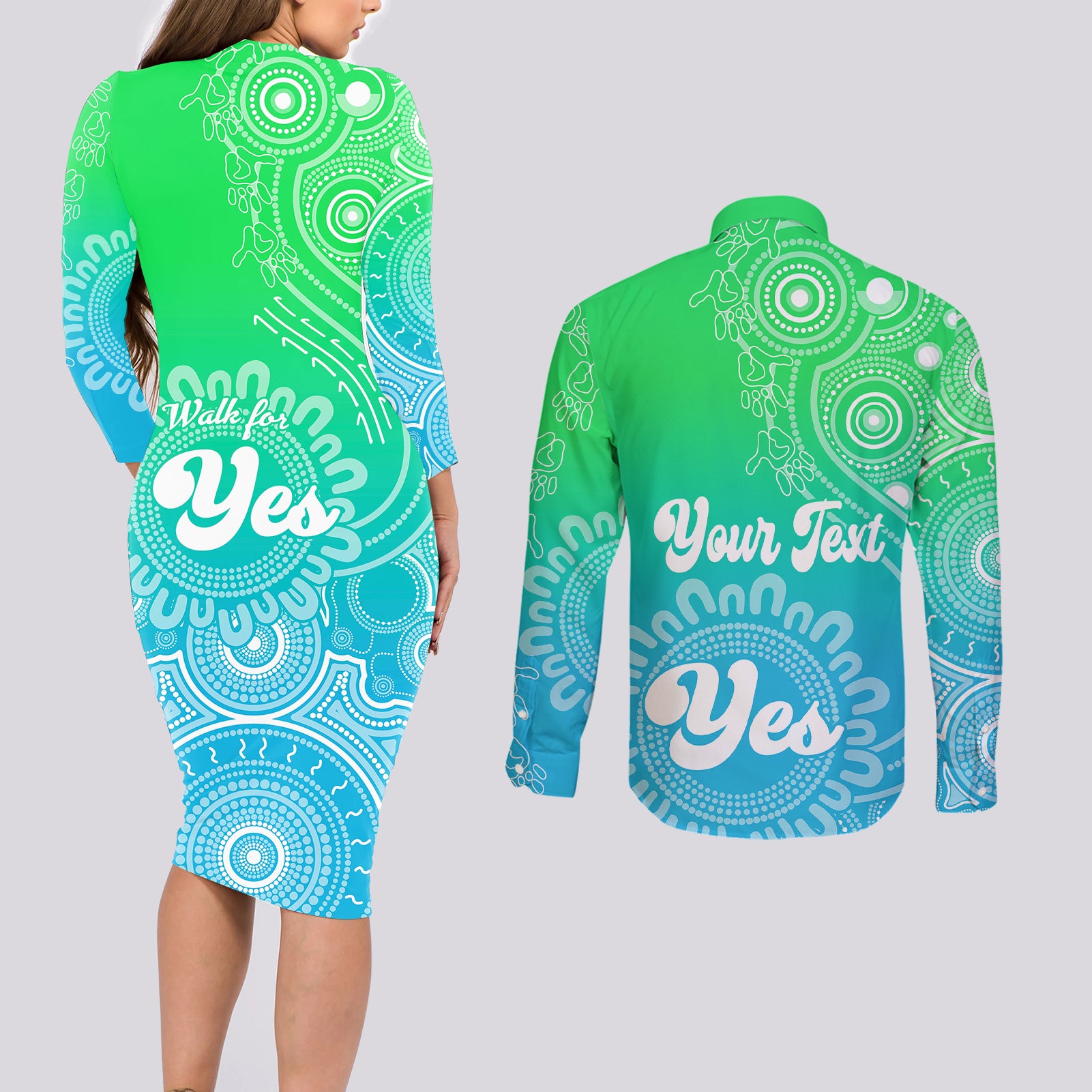 personalised-australia-walk-for-yes-couples-matching-long-sleeve-bodycon-dress-and-long-sleeve-button-shirts-indigenous-voice-2023-aboriginal-green-vibe