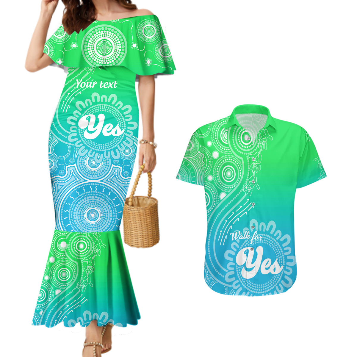 personalised-australia-walk-for-yes-couples-matching-mermaid-dress-and-hawaiian-shirt-indigenous-voice-2023-aboriginal-green-vibe