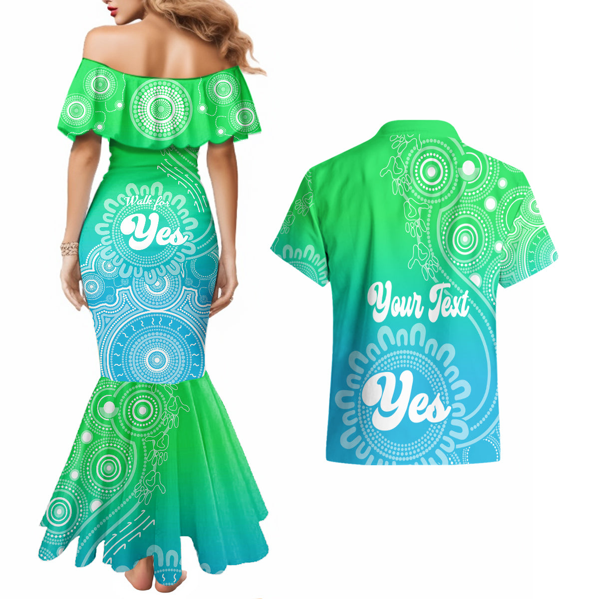 personalised-australia-walk-for-yes-couples-matching-mermaid-dress-and-hawaiian-shirt-indigenous-voice-2023-aboriginal-green-vibe