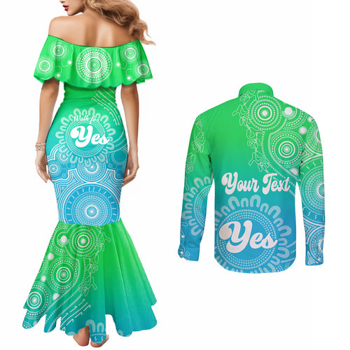 personalised-australia-walk-for-yes-couples-matching-mermaid-dress-and-long-sleeve-button-shirts-indigenous-voice-2023-aboriginal-green-vibe