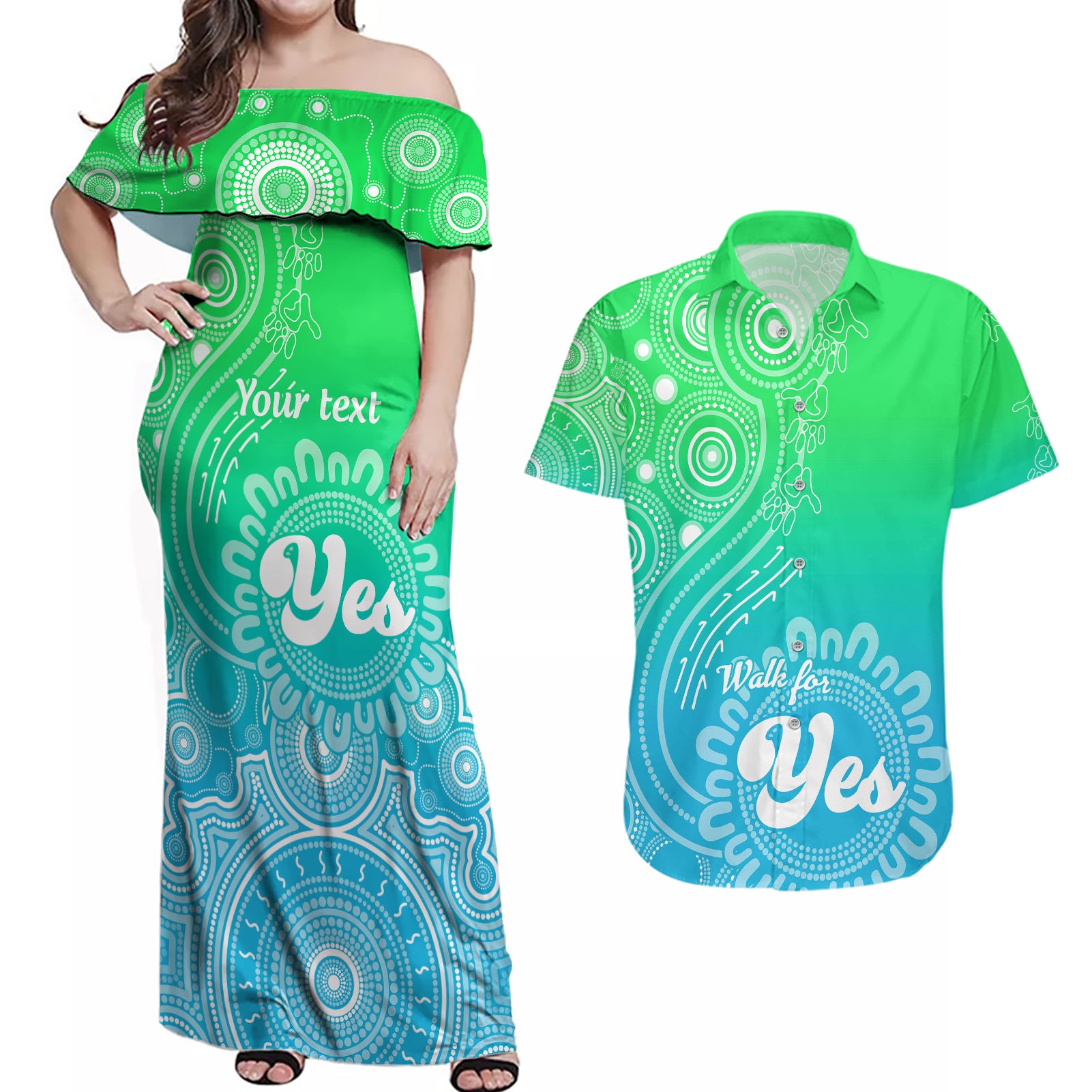 personalised-australia-walk-for-yes-couples-matching-off-shoulder-maxi-dress-and-hawaiian-shirt-indigenous-voice-2023-aboriginal-green-vibe