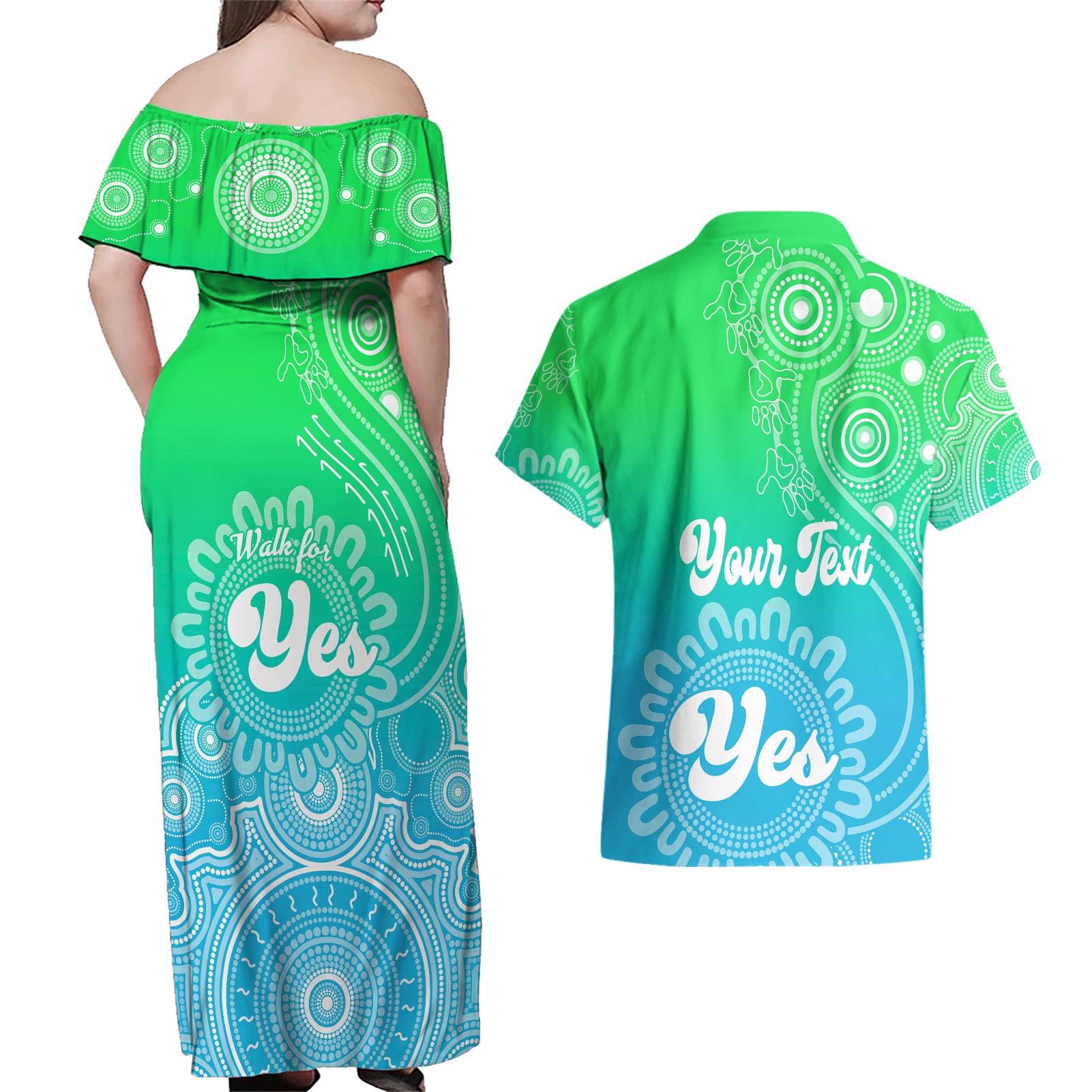 personalised-australia-walk-for-yes-couples-matching-off-shoulder-maxi-dress-and-hawaiian-shirt-indigenous-voice-2023-aboriginal-green-vibe