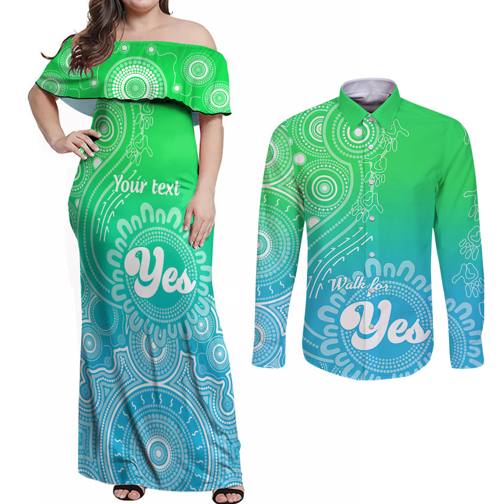 personalised-australia-walk-for-yes-couples-matching-off-shoulder-maxi-dress-and-long-sleeve-button-shirts-indigenous-voice-2023-aboriginal-green-vibe