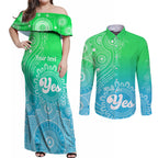 personalised-australia-walk-for-yes-couples-matching-off-shoulder-maxi-dress-and-long-sleeve-button-shirts-indigenous-voice-2023-aboriginal-green-vibe