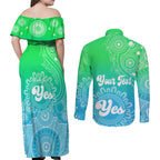 personalised-australia-walk-for-yes-couples-matching-off-shoulder-maxi-dress-and-long-sleeve-button-shirts-indigenous-voice-2023-aboriginal-green-vibe