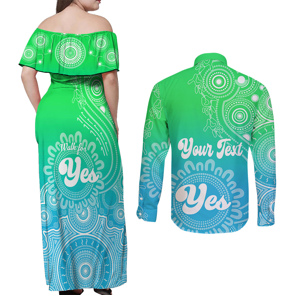 personalised-australia-walk-for-yes-couples-matching-off-shoulder-maxi-dress-and-long-sleeve-button-shirts-indigenous-voice-2023-aboriginal-green-vibe