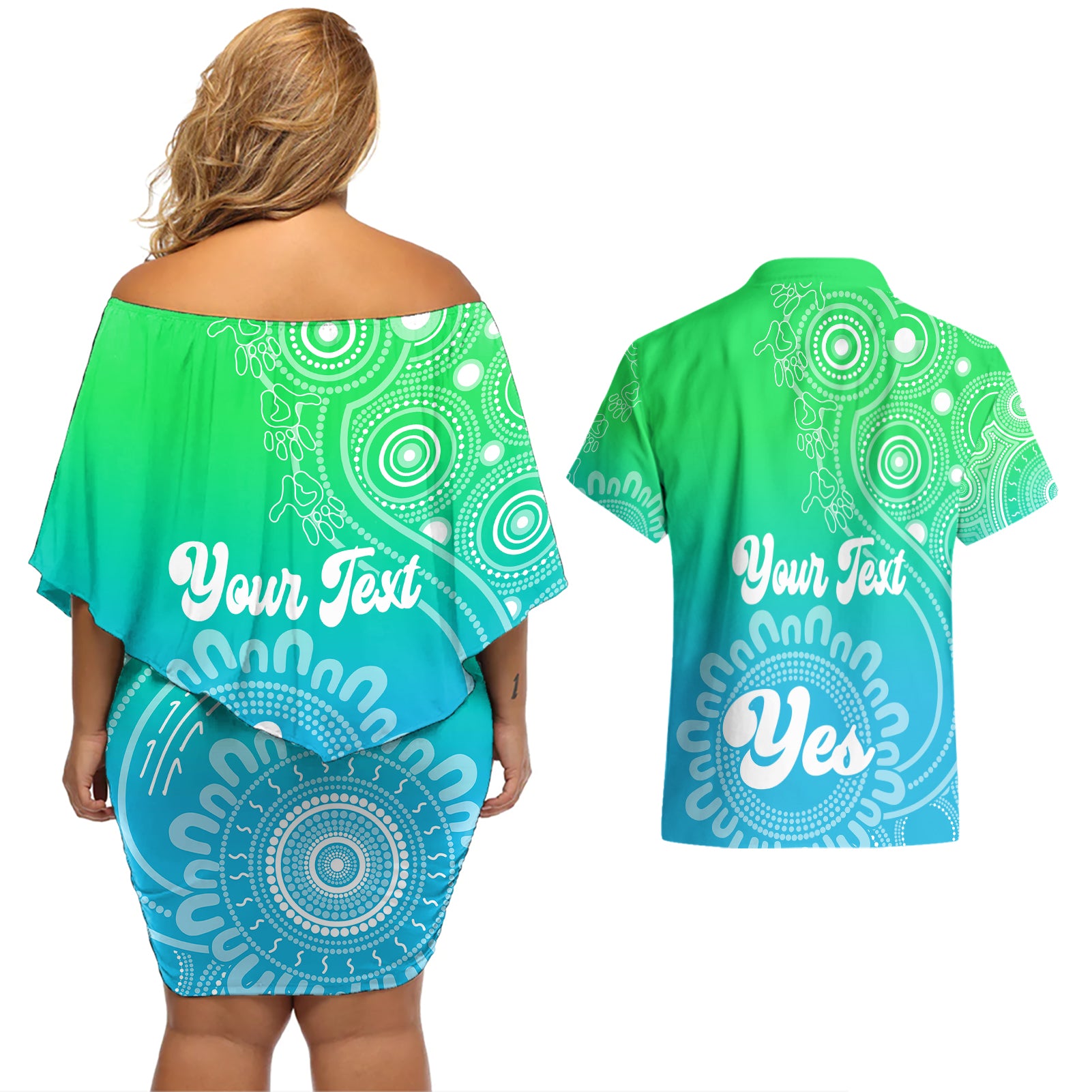personalised-australia-walk-for-yes-couples-matching-off-shoulder-short-dress-and-hawaiian-shirt-indigenous-voice-2023-aboriginal-green-vibe