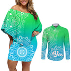 personalised-australia-walk-for-yes-couples-matching-off-shoulder-short-dress-and-long-sleeve-button-shirts-indigenous-voice-2023-aboriginal-green-vibe