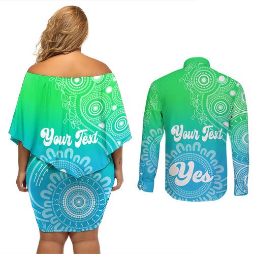 personalised-australia-walk-for-yes-couples-matching-off-shoulder-short-dress-and-long-sleeve-button-shirts-indigenous-voice-2023-aboriginal-green-vibe