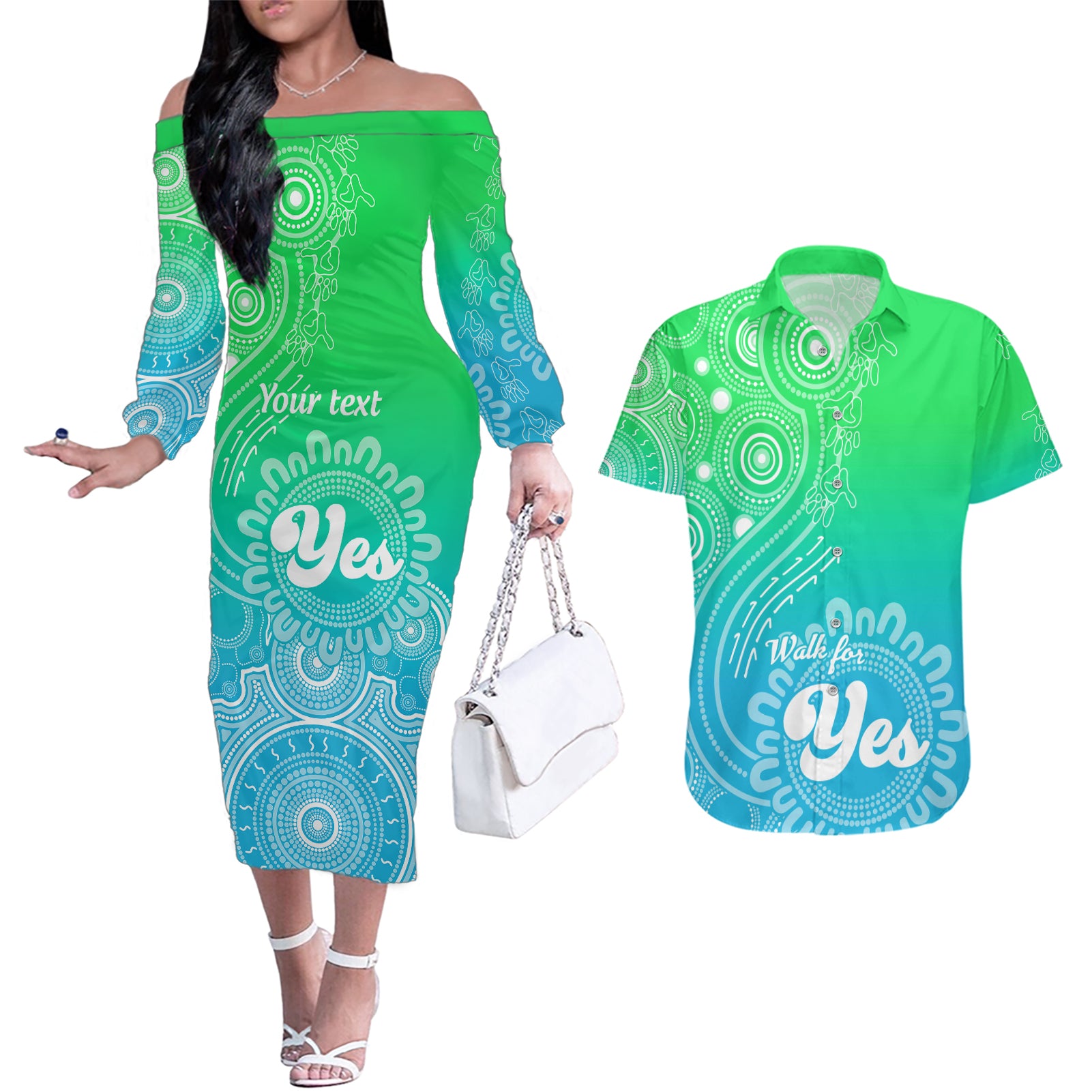 personalised-australia-walk-for-yes-couples-matching-off-the-shoulder-long-sleeve-dress-and-hawaiian-shirt-indigenous-voice-2023-aboriginal-green-vibe