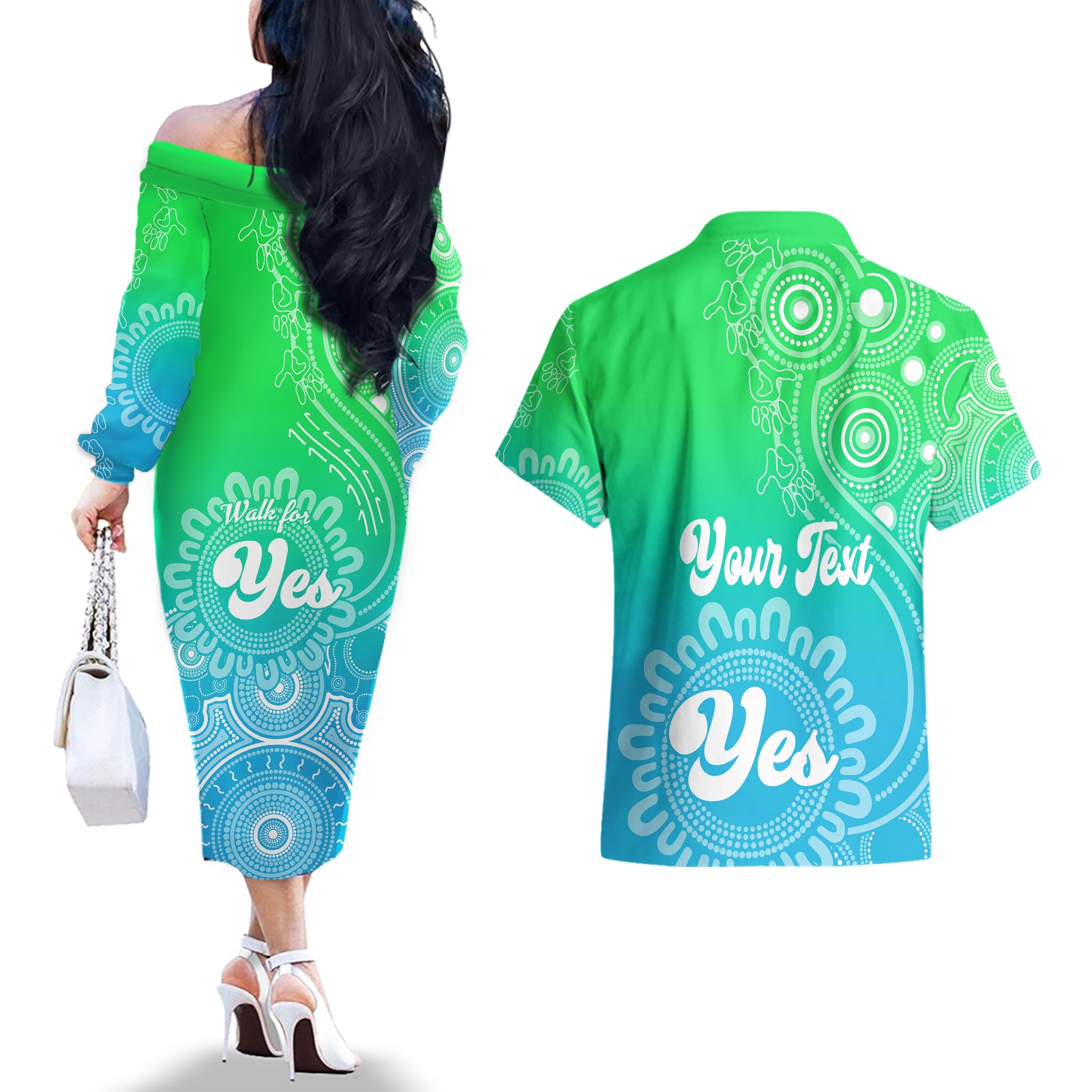 personalised-australia-walk-for-yes-couples-matching-off-the-shoulder-long-sleeve-dress-and-hawaiian-shirt-indigenous-voice-2023-aboriginal-green-vibe