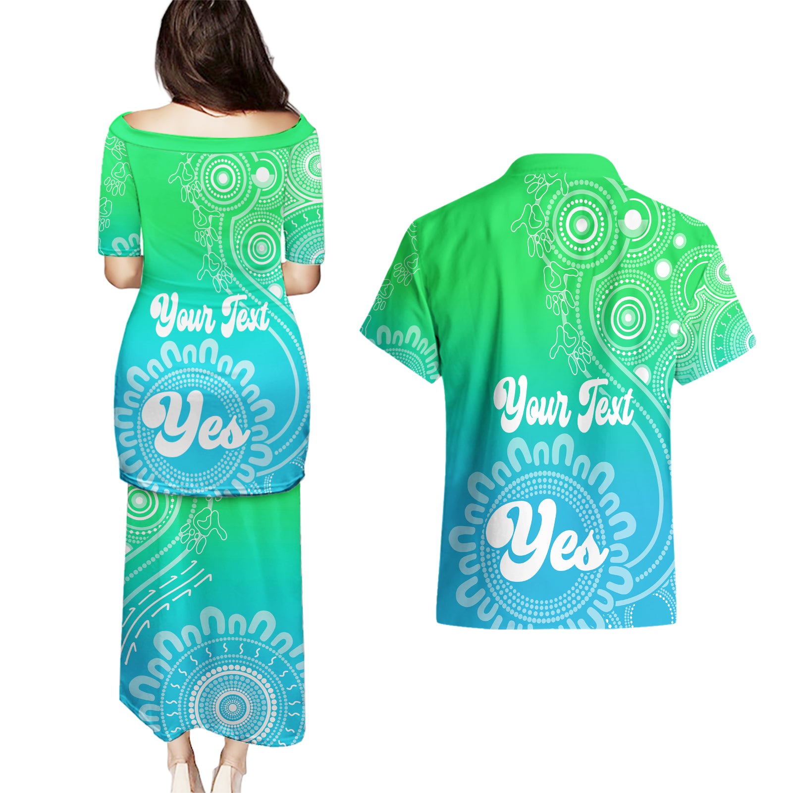 personalised-australia-walk-for-yes-couples-matching-puletasi-dress-and-hawaiian-shirt-indigenous-voice-2023-aboriginal-green-vibe