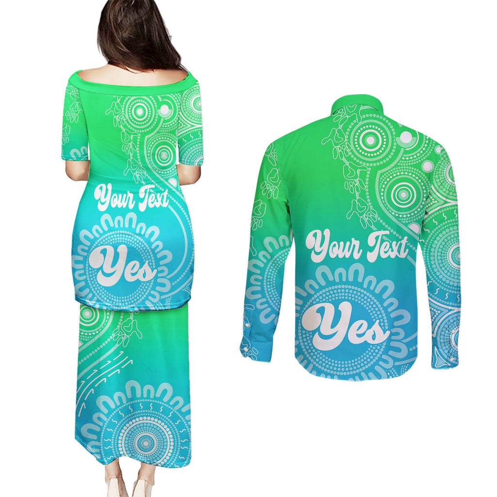 personalised-australia-walk-for-yes-couples-matching-puletasi-dress-and-long-sleeve-button-shirts-indigenous-voice-2023-aboriginal-green-vibe