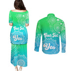 personalised-australia-walk-for-yes-couples-matching-puletasi-dress-and-long-sleeve-button-shirts-indigenous-voice-2023-aboriginal-green-vibe