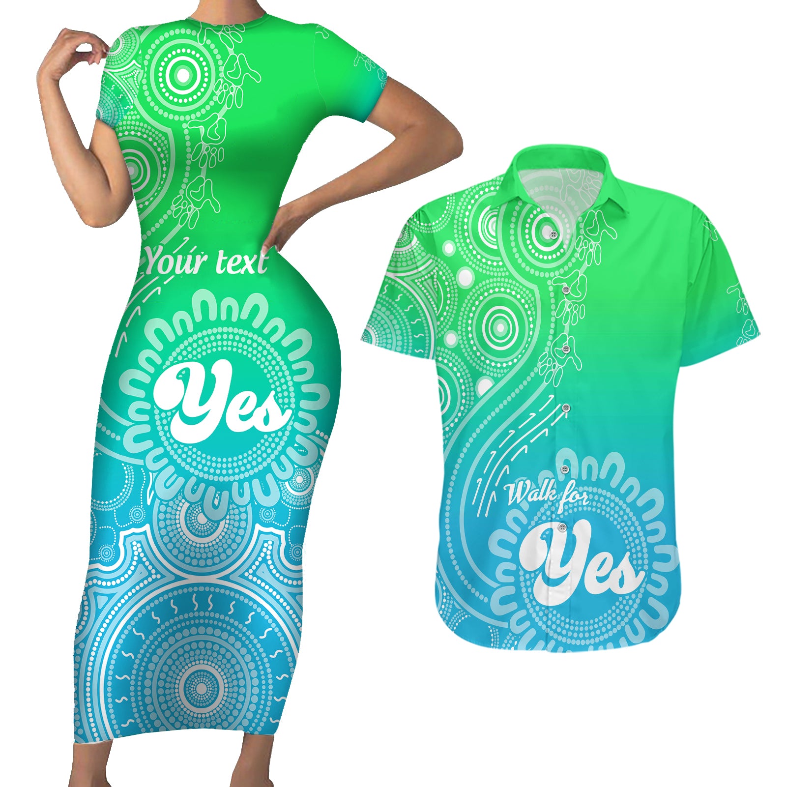 personalised-australia-walk-for-yes-couples-matching-short-sleeve-bodycon-dress-and-hawaiian-shirt-indigenous-voice-2023-aboriginal-green-vibe