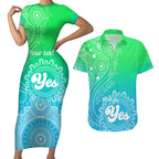 personalised-australia-walk-for-yes-couples-matching-short-sleeve-bodycon-dress-and-hawaiian-shirt-indigenous-voice-2023-aboriginal-green-vibe