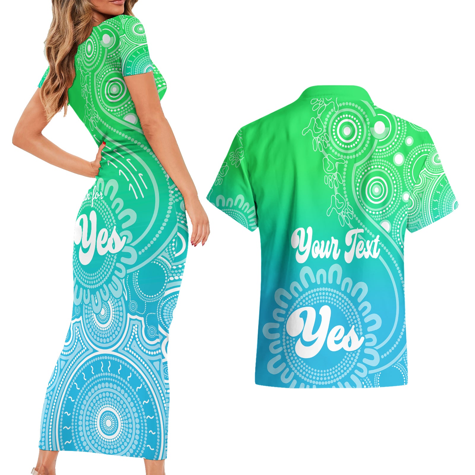 personalised-australia-walk-for-yes-couples-matching-short-sleeve-bodycon-dress-and-hawaiian-shirt-indigenous-voice-2023-aboriginal-green-vibe